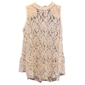 Sheer Lace Mock Neck Sleeveless Tiered Top Cream M‎ Coquette Feminine Angel